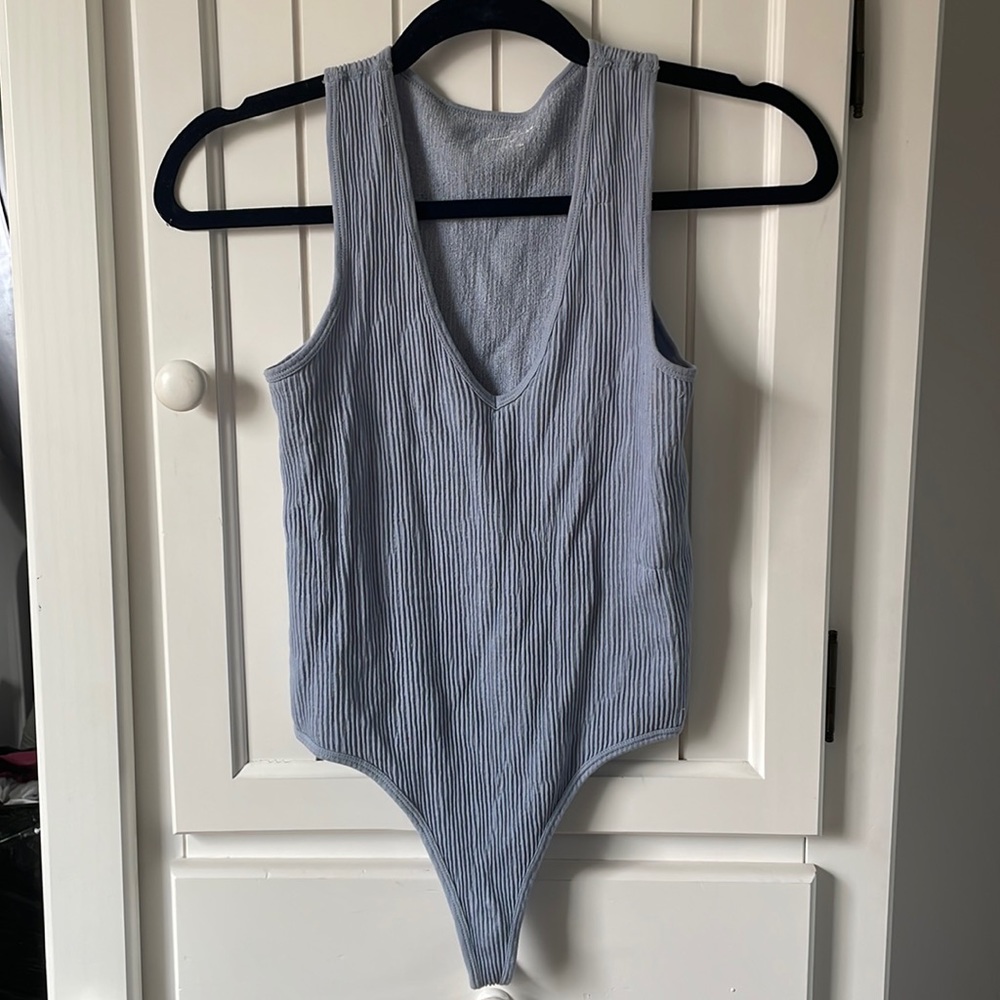 Love Tree Baby Blue Ribbed Womens Low Cut Bodysuit